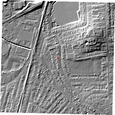 Shaded relief map of the ground around SW209LR, computed from Environment Agency LiDAR. The ground here sits at about 15 m above sea level and falls 11 m across the surrounding 800 m. Surface water reaching this point runs off ground lying to the south, 0.8 m higher.