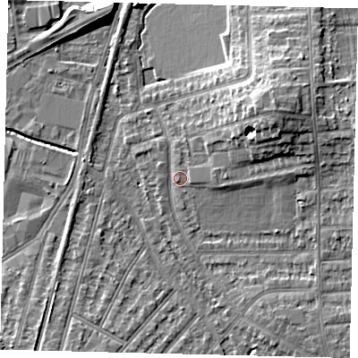 Shaded relief map of the ground around SW209LS, computed from Environment Agency LiDAR. The ground here sits at about 16 m above sea level and falls 11 m across the surrounding 800 m. Surface water reaching this point runs off ground lying to the north-east, 8.4 m higher.