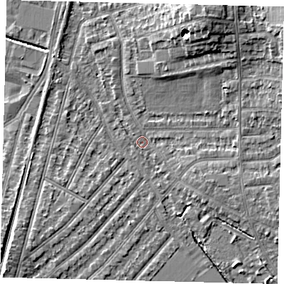 Shaded relief map of the ground around SW209LT, computed from Environment Agency LiDAR. The ground here sits at about 15 m above sea level and falls 11 m across the surrounding 800 m. Surface water reaching this point runs off ground lying to the east-south-east, 2.5 m higher.