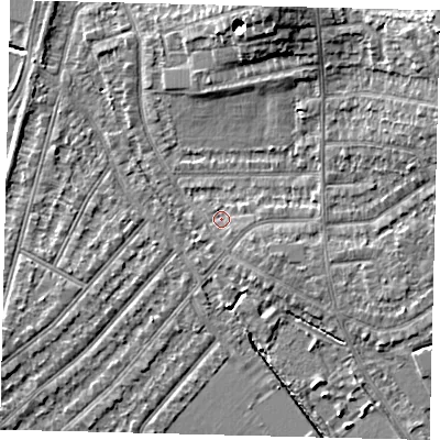 Shaded relief map of the ground around SW209LU, computed from Environment Agency LiDAR. The ground here sits at about 16 m above sea level and falls 12 m across the surrounding 800 m. Surface water reaching this point runs off ground lying to the east-south-east, 1.0 m higher.