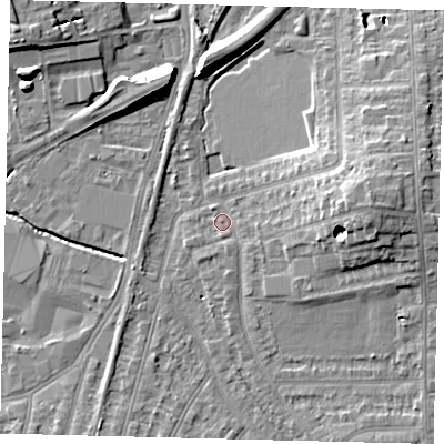 Shaded relief map of the ground around SW209LW, computed from Environment Agency LiDAR. The ground here sits at about 15 m above sea level and falls 11 m across the surrounding 800 m. Surface water reaching this point runs off ground lying to the south-east, 1.4 m higher.