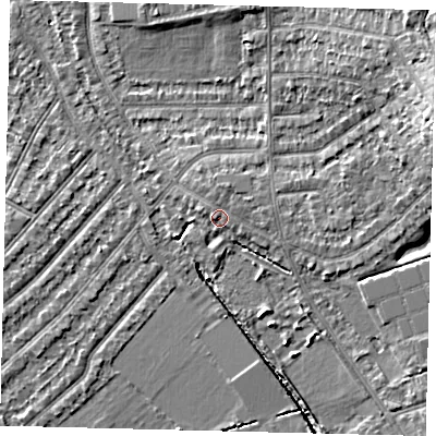 Shaded relief map of the ground around SW209LX, computed from Environment Agency LiDAR. The ground here sits at about 17 m above sea level and falls 11 m across the surrounding 800 m. Surface water reaching this point runs off ground lying to the north-north-east, 1.4 m higher.