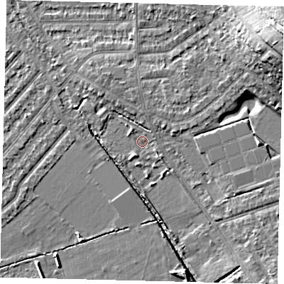 Shaded relief map of the ground around SW209NA, computed from Environment Agency LiDAR. The ground here sits at about 16 m above sea level and falls 17 m across the surrounding 800 m. Surface water reaching this point runs off ground lying to the east-north-east, 11.8 m higher.