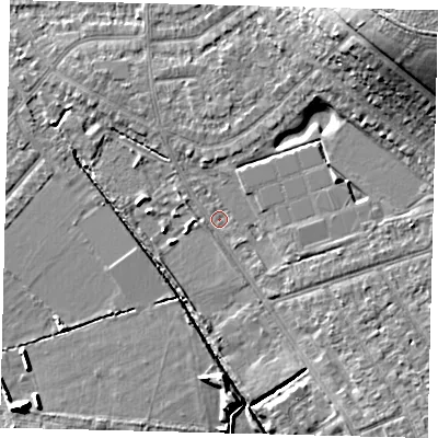 Shaded relief map of the ground around SW209NB, computed from Environment Agency LiDAR. The ground here sits at about 17 m above sea level and falls 17 m across the surrounding 800 m. Surface water reaching this point runs off ground lying to the south-east, 3.8 m higher.