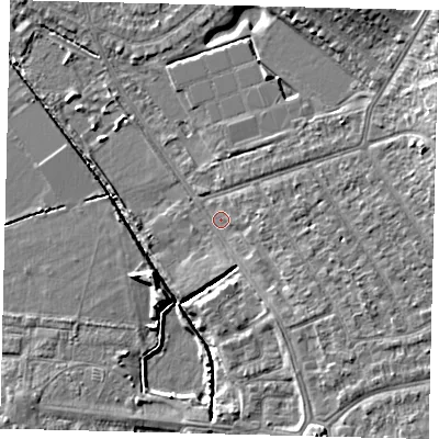 Shaded relief map of the ground around SW209NE, computed from Environment Agency LiDAR. The ground here sits at about 17 m above sea level and falls 12 m across the surrounding 800 m. Surface water reaching this point runs off ground lying to the south-east, 3.1 m higher.