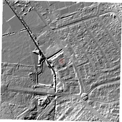 Shaded relief map of the ground around SW209NH, computed from Environment Agency LiDAR. The ground here sits at about 18 m above sea level and falls 11 m across the surrounding 800 m. Surface water reaching this point runs off ground lying to the east, 1.3 m higher.