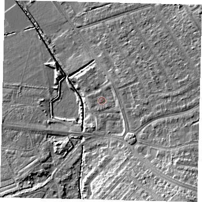 Shaded relief map of the ground around SW209NJ, computed from Environment Agency LiDAR. The ground here sits at about 19 m above sea level and falls 13 m across the surrounding 800 m. Surface water reaching this point runs off ground lying to the east, 2.9 m higher.