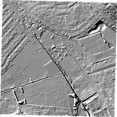 Shaded relief map of the ground around SW209NL, computed from Environment Agency LiDAR. The ground here sits at about 16 m above sea level and falls 16 m across the surrounding 800 m. Surface water reaching this point runs off ground lying to the south-east, 2.7 m higher.