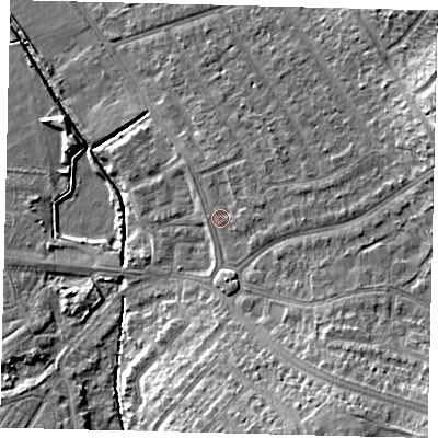 Shaded relief map of the ground around SW209NQ, computed from Environment Agency LiDAR. The ground here sits at about 20 m above sea level and falls 15 m across the surrounding 800 m. Surface water reaching this point runs off ground lying to the east-north-east, 1.1 m higher.