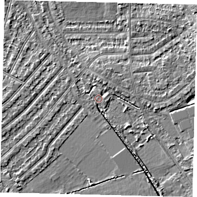 Shaded relief map of the ground around SW209PB, computed from Environment Agency LiDAR. The ground here sits at about 17 m above sea level and falls 9 m across the surrounding 800 m. Surface water reaching this point runs off ground lying to the north-east, 1.2 m higher.