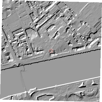 Shaded relief map of the ground around SW34HS, computed from Environment Agency LiDAR. The ground here sits at about 5 m above sea level and falls 9 m across the surrounding 800 m. Surface water reaching this point runs off ground lying to the north-west, 7.0 m higher.