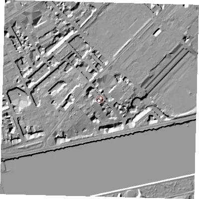 Shaded relief map of the ground around SW34JA, computed from Environment Agency LiDAR. The ground here sits at about 5 m above sea level and falls 7 m across the surrounding 800 m. Surface water reaching this point runs off ground lying to the west-north-west, 4.8 m higher.