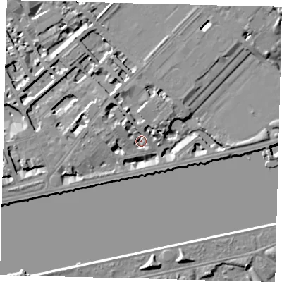 Shaded relief map of the ground around SW34JB, computed from Environment Agency LiDAR. The ground here sits at about 4 m above sea level and falls 8 m across the surrounding 800 m. Surface water reaching this point runs off ground lying to the north-west, 4.8 m higher.