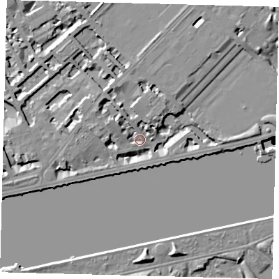 Shaded relief map of the ground around SW34JD, computed from Environment Agency LiDAR. The ground here sits at about 5 m above sea level and falls 49 m across the surrounding 800 m. Surface water reaching this point runs off ground lying to the west-north-west, 7.0 m higher.