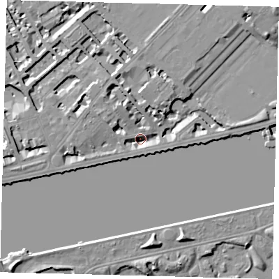 Shaded relief map of the ground around SW34JE, computed from Environment Agency LiDAR. The ground here sits at about 3 m above sea level and falls 8 m across the surrounding 800 m. Surface water reaching this point runs off ground lying to the north-west, 6.8 m higher.