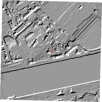 Shaded relief map of the ground around SW34JH, computed from Environment Agency LiDAR. The ground here sits at about 5 m above sea level and falls 7 m across the surrounding 800 m. Surface water reaching this point runs off ground lying to the north-west, 5.1 m higher.