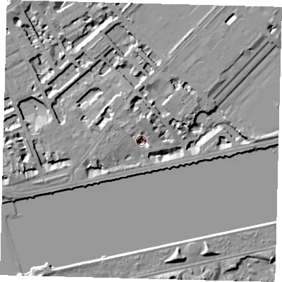 Shaded relief map of the ground around SW34JJ, computed from Environment Agency LiDAR. The ground here sits at about 4 m above sea level and falls 7 m across the surrounding 800 m. Surface water reaching this point runs off ground lying to the north-north-west, 5.1 m higher.