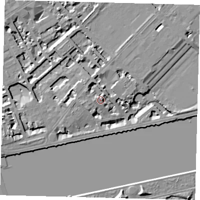 Shaded relief map of the ground around SW34JL, computed from Environment Agency LiDAR. The ground here sits at about 7 m above sea level and falls 7 m across the surrounding 800 m. Surface water reaching this point runs off ground lying to the west-north-west, 3.4 m higher.