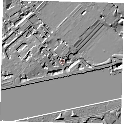 Shaded relief map of the ground around SW34JP, computed from Environment Agency LiDAR. The ground here sits at about 5 m above sea level and falls 49 m across the surrounding 800 m. Surface water reaching this point runs off ground lying to the west-north-west, 7.0 m higher.