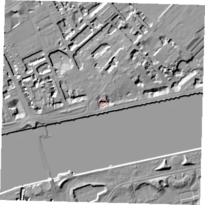 Shaded relief map of the ground around SW34LA, computed from Environment Agency LiDAR. The ground here sits at about 3 m above sea level and falls 8 m across the surrounding 800 m. Surface water reaching this point runs off ground lying to the north-west, 7.0 m higher.