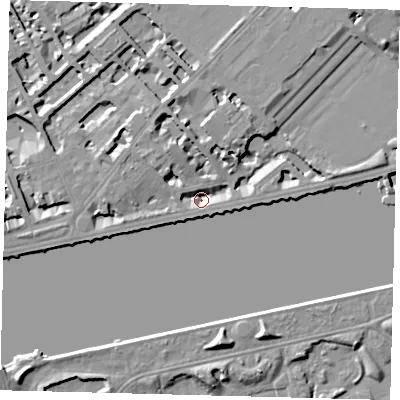 Shaded relief map of the ground around SW34LE, computed from Environment Agency LiDAR. The ground here sits at about 2 m above sea level and falls 8 m across the surrounding 800 m. Surface water reaching this point runs off ground lying to the north-west, 6.8 m higher.
