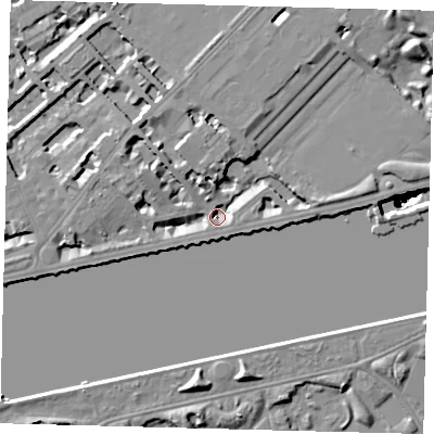 Shaded relief map of the ground around SW34LG, computed from Environment Agency LiDAR. The ground here sits at about 3 m above sea level and falls 49 m across the surrounding 800 m. Surface water reaching this point runs off ground lying to the west-north-west, 7.0 m higher.