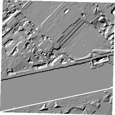 Shaded relief map of the ground around SW34LJ, computed from Environment Agency LiDAR. The ground here sits at about 3 m above sea level and falls 49 m across the surrounding 800 m. Surface water reaching this point runs off ground lying to the west-north-west, 7.0 m higher.