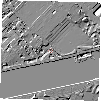 Shaded relief map of the ground around SW34LL, computed from Environment Agency LiDAR. The ground here sits at about 2 m above sea level and falls 49 m across the surrounding 800 m. Surface water reaching this point runs off ground lying to the west, 7.0 m higher.