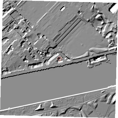 Shaded relief map of the ground around SW34LS, computed from Environment Agency LiDAR. The ground here sits at about 2 m above sea level and falls 49 m across the surrounding 800 m. Surface water reaching this point runs off ground lying to the east, 3.5 m higher.