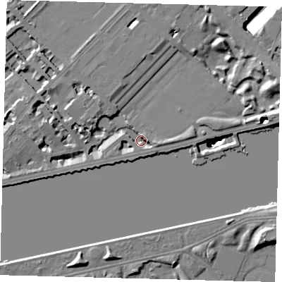 Shaded relief map of the ground around SW34LW, computed from Environment Agency LiDAR. The ground here sits at about 2 m above sea level and falls 50 m across the surrounding 800 m. Surface water reaching this point runs off ground lying to the east, 3.5 m higher.