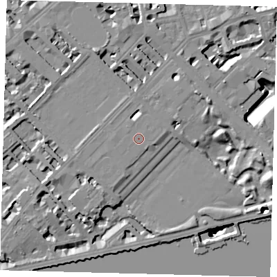 Shaded relief map of the ground around SW34SR, computed from Environment Agency LiDAR. The ground here sits at about 7 m above sea level and falls 50 m across the surrounding 800 m. The ground contributing surface water to this point lies to the west.