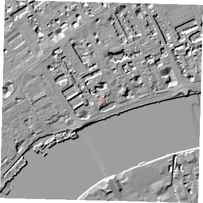 Shaded relief map of the ground around SW35AX, computed from Environment Agency LiDAR. The ground here sits at about 7 m above sea level and falls 7 m across the surrounding 800 m. Surface water reaching this point runs off ground lying to the south-south-west, 3.2 m higher.