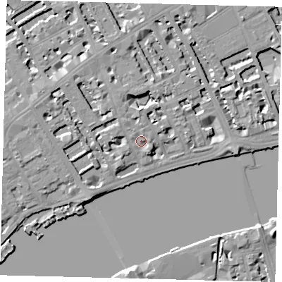 Shaded relief map of the ground around SW35DQ, computed from Environment Agency LiDAR. The ground here sits at about 7 m above sea level and falls 7 m across the surrounding 800 m. Surface water reaching this point runs off ground lying to the south-south-east, 1.8 m higher.