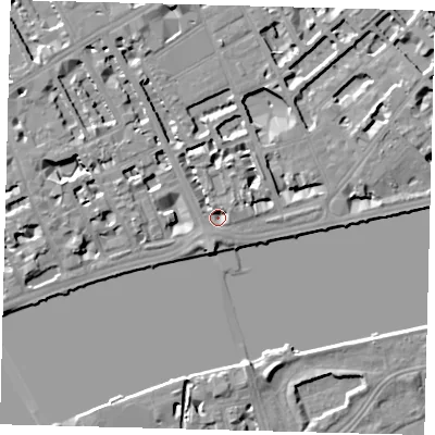 Shaded relief map of the ground around SW35HH, computed from Environment Agency LiDAR. The ground here sits at about 4 m above sea level and falls 7 m across the surrounding 800 m. Surface water reaching this point runs off ground lying to the north-north-west, 4.8 m higher.