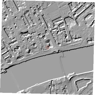 Shaded relief map of the ground around SW35HJ, computed from Environment Agency LiDAR. The ground here sits at about 5 m above sea level and falls 7 m across the surrounding 800 m. Surface water reaching this point runs off ground lying to the west-north-west, 5.5 m higher.