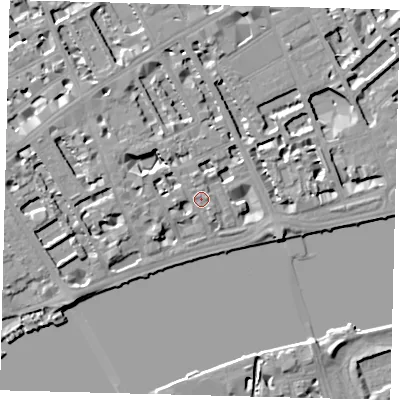Shaded relief map of the ground around SW35HL, computed from Environment Agency LiDAR. The ground here sits at about 6 m above sea level and falls 7 m across the surrounding 800 m. Surface water reaching this point runs off ground lying to the west-north-west, 5.3 m higher.