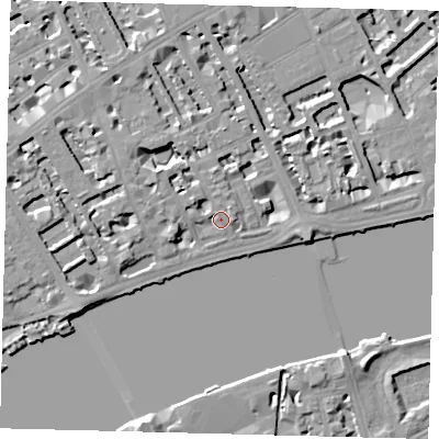 Shaded relief map of the ground around SW35HS, computed from Environment Agency LiDAR. The ground here sits at about 6 m above sea level and falls 7 m across the surrounding 800 m. Surface water reaching this point runs off ground lying to the north-west, 5.3 m higher.