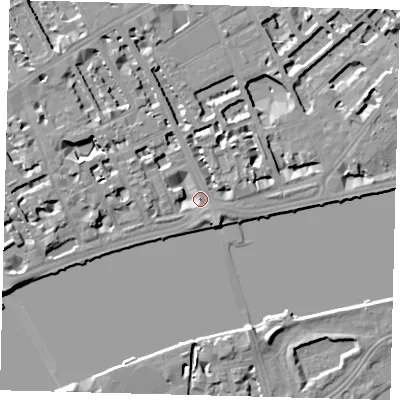 Shaded relief map of the ground around SW35HX, computed from Environment Agency LiDAR. The ground here sits at about 6 m above sea level and falls 7 m across the surrounding 800 m. Surface water reaching this point runs off ground lying to the west-north-west, 5.5 m higher.