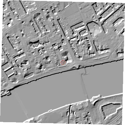 Shaded relief map of the ground around SW35LN, computed from Environment Agency LiDAR. The ground here sits at about 6 m above sea level and falls 7 m across the surrounding 800 m. Surface water reaching this point runs off ground lying to the west-north-west, 5.5 m higher.