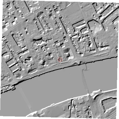 Shaded relief map of the ground around SW35LP, computed from Environment Agency LiDAR. The ground here sits at about 6 m above sea level and falls 7 m across the surrounding 800 m. Surface water reaching this point runs off ground lying to the west-north-west, 5.5 m higher.