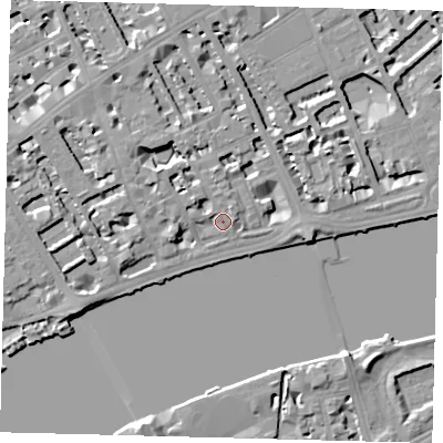 Shaded relief map of the ground around SW35LR, computed from Environment Agency LiDAR. The ground here sits at about 6 m above sea level and falls 7 m across the surrounding 800 m. Surface water reaching this point runs off ground lying to the north-west, 5.3 m higher.