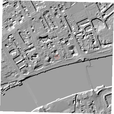 Shaded relief map of the ground around SW35LS, computed from Environment Agency LiDAR. The ground here sits at about 5 m above sea level and falls 7 m across the surrounding 800 m. Surface water reaching this point runs off ground lying to the north-west, 5.3 m higher.