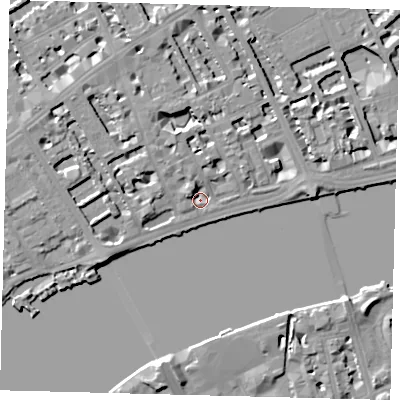 Shaded relief map of the ground around SW35LX, computed from Environment Agency LiDAR. The ground here sits at about 4 m above sea level and falls 7 m across the surrounding 800 m. Surface water reaching this point runs off ground lying to the north-north-west, 4.5 m higher.