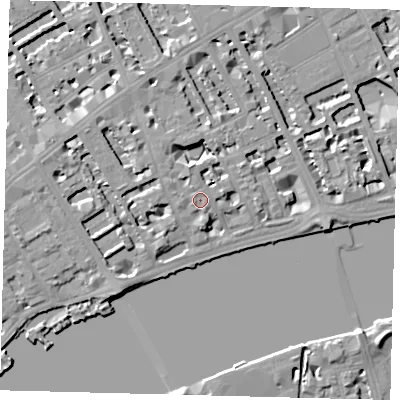Shaded relief map of the ground around SW35NB, computed from Environment Agency LiDAR. The ground here sits at about 7 m above sea level and falls 7 m across the surrounding 800 m. Surface water reaching this point runs off ground lying to the north-west, 1.5 m higher.