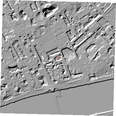 Shaded relief map of the ground around SW35QG, computed from Environment Agency LiDAR. The ground here sits at about 4 m above sea level and falls 15 m across the surrounding 800 m. Surface water reaching this point runs off ground lying to the north-west, 14.5 m higher.