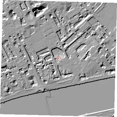Shaded relief map of the ground around SW35QP, computed from Environment Agency LiDAR. The ground here sits at about 4 m above sea level and falls 15 m across the surrounding 800 m. Surface water reaching this point runs off ground lying to the north-west, 14.5 m higher.