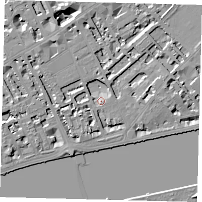 Shaded relief map of the ground around SW35QS, computed from Environment Agency LiDAR. The ground here sits at about 5 m above sea level and falls 15 m across the surrounding 800 m. Surface water reaching this point runs off ground lying to the north-west, 14.5 m higher.