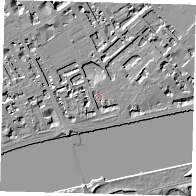 Shaded relief map of the ground around SW35QT, computed from Environment Agency LiDAR. The ground here sits at about 5 m above sea level and falls 15 m across the surrounding 800 m. Surface water reaching this point runs off ground lying to the north-north-west, 7.0 m higher.
