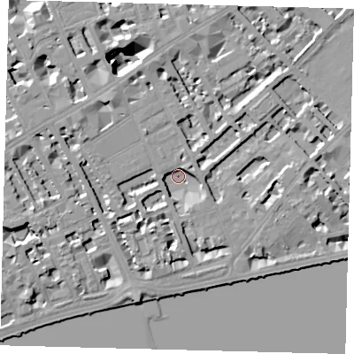Shaded relief map of the ground around SW35QW, computed from Environment Agency LiDAR. The ground here sits at about 3 m above sea level and falls 15 m across the surrounding 800 m. Surface water reaching this point runs off ground lying to the north-west, 14.5 m higher.