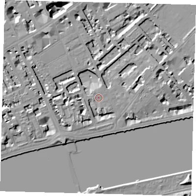 Shaded relief map of the ground around SW35QX, computed from Environment Agency LiDAR. The ground here sits at about 6 m above sea level and falls 15 m across the surrounding 800 m. Surface water reaching this point runs off ground lying to the north-west, 7.0 m higher.